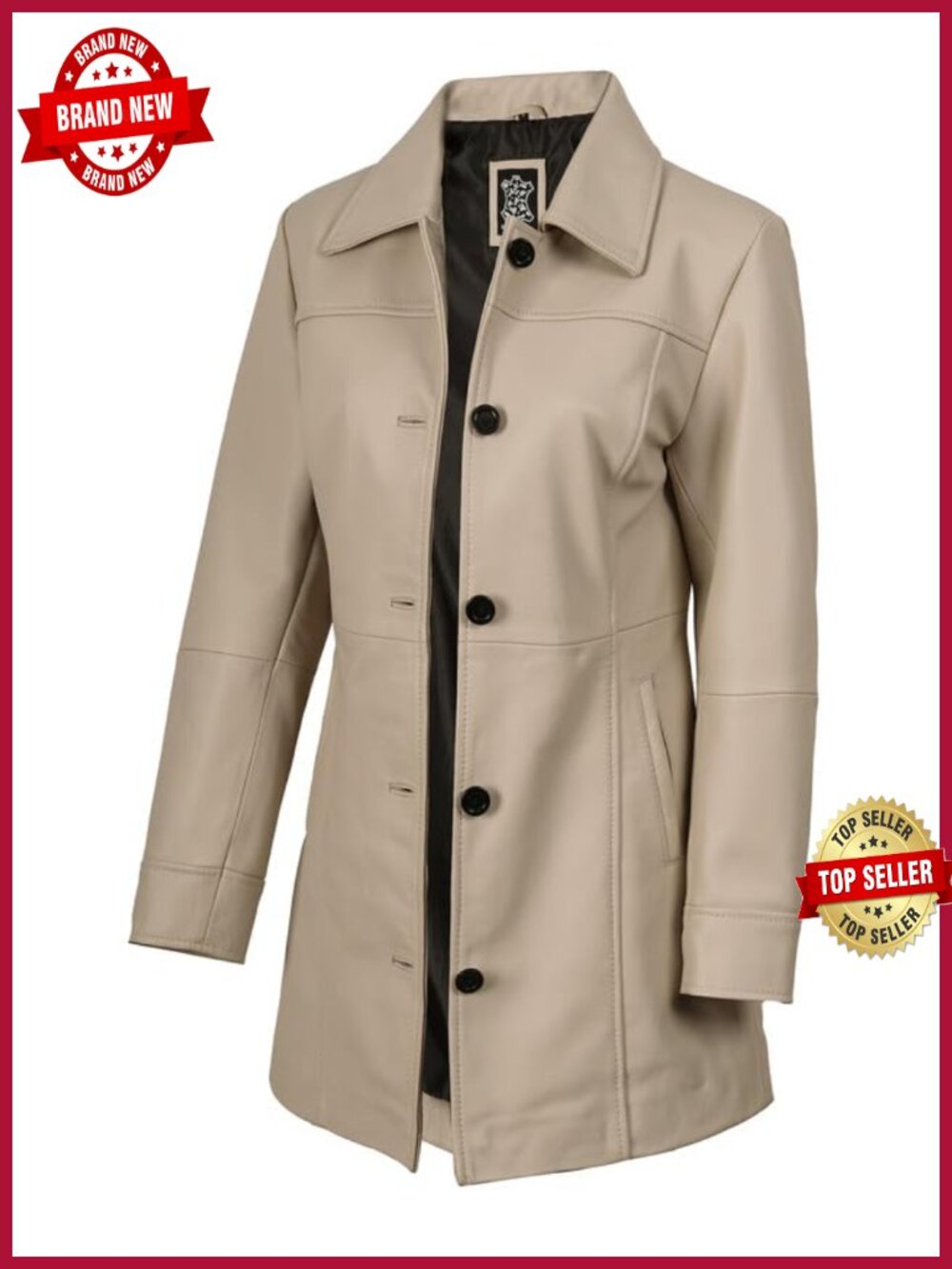 Real Lambskin 3/4 Length Leather Jacket Car Coat Style for Women Button Closure